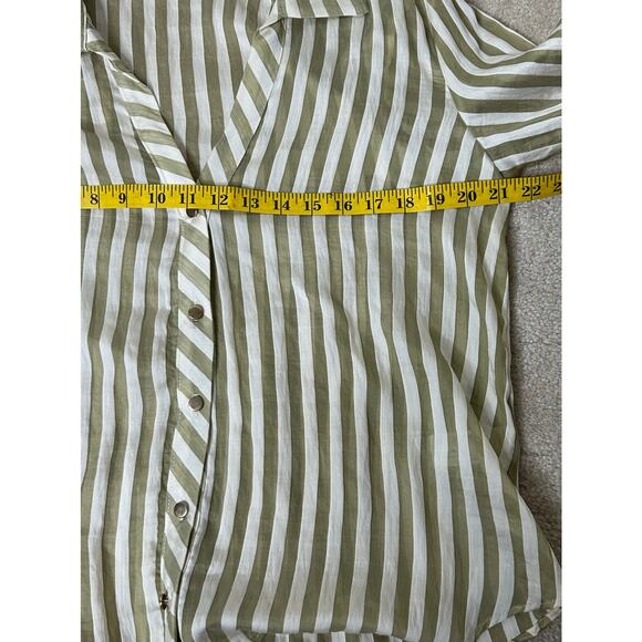 Zara Flowy Striped‎ Long Sleeve Gold Buttons Shirt Ecru/Green Sz L - Picture 12 of 13